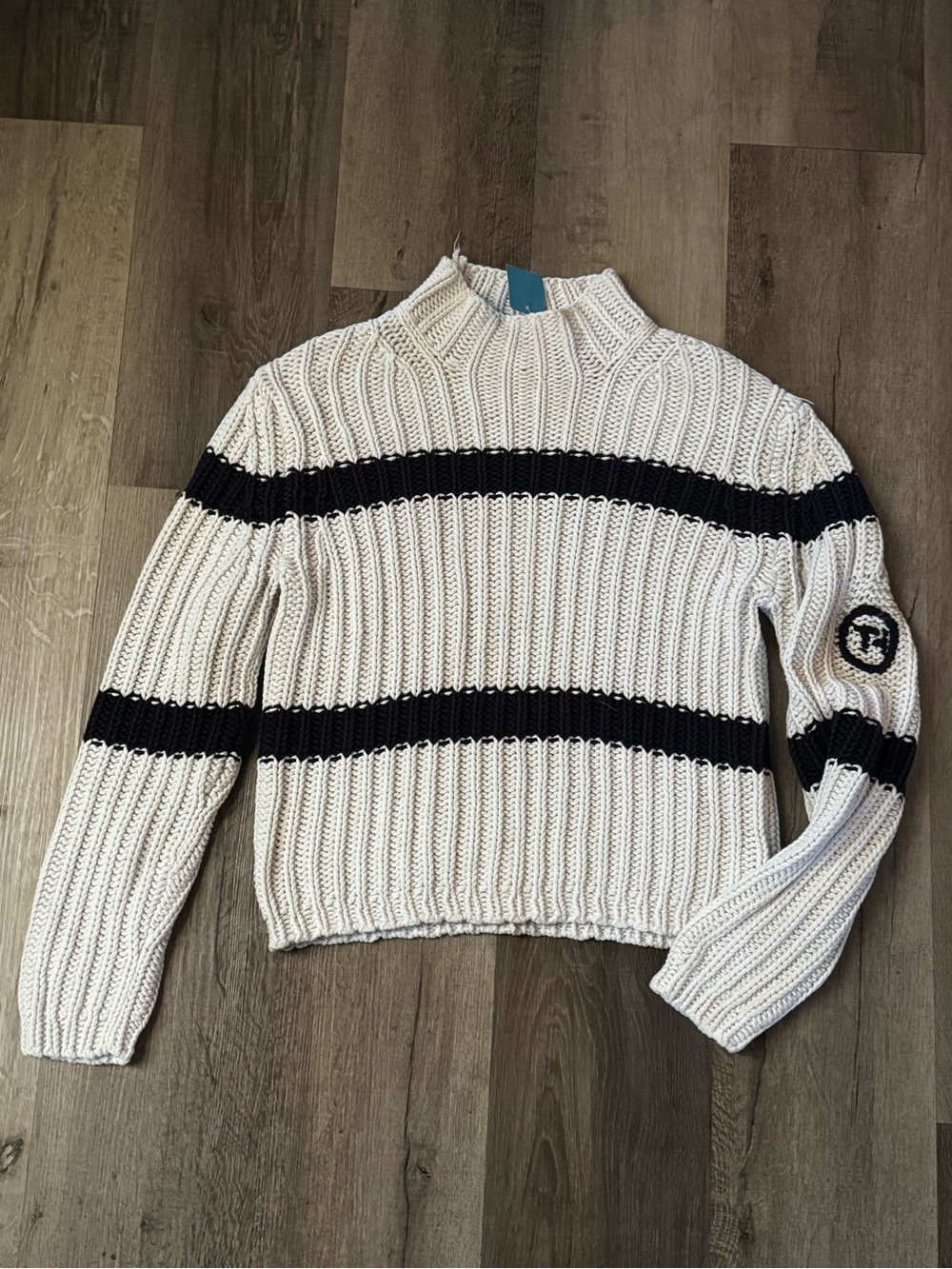Tommy Hilfiger Cream Ribbed Knit Turtleneck Sweater with Blue Stripes